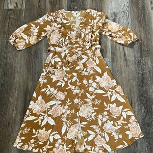 Floral Wrap Dress in Brown and Cream